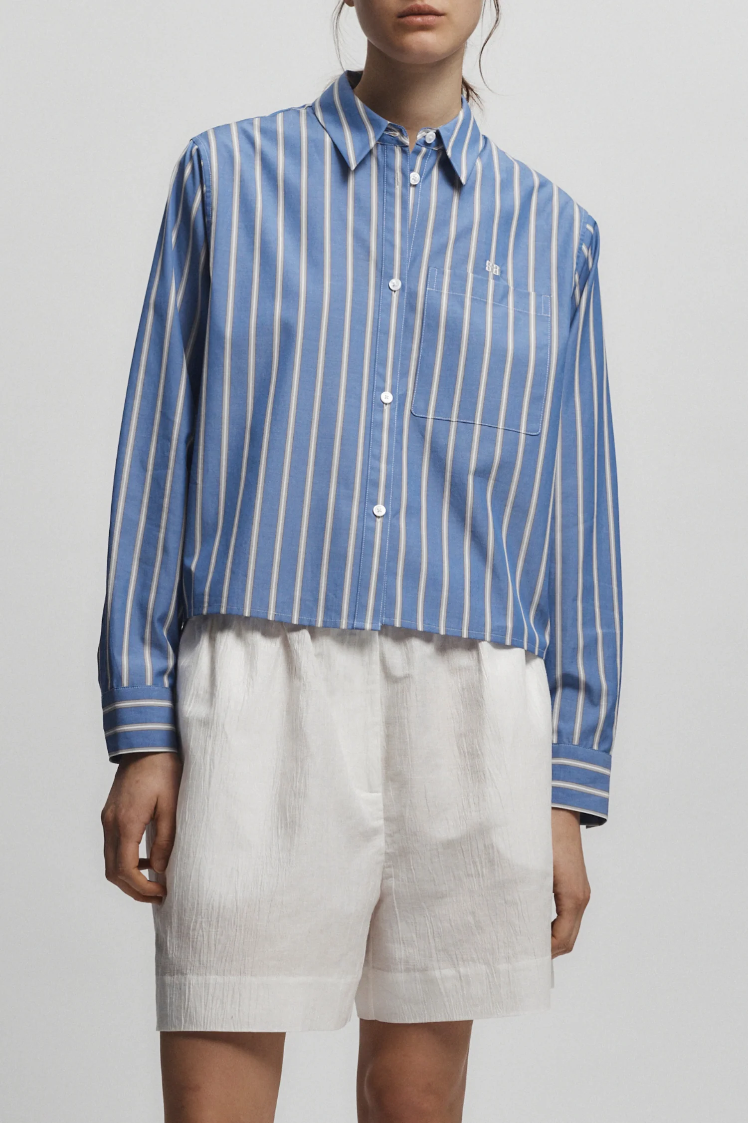 Dalton Cropped Shirt, Blue Stripe