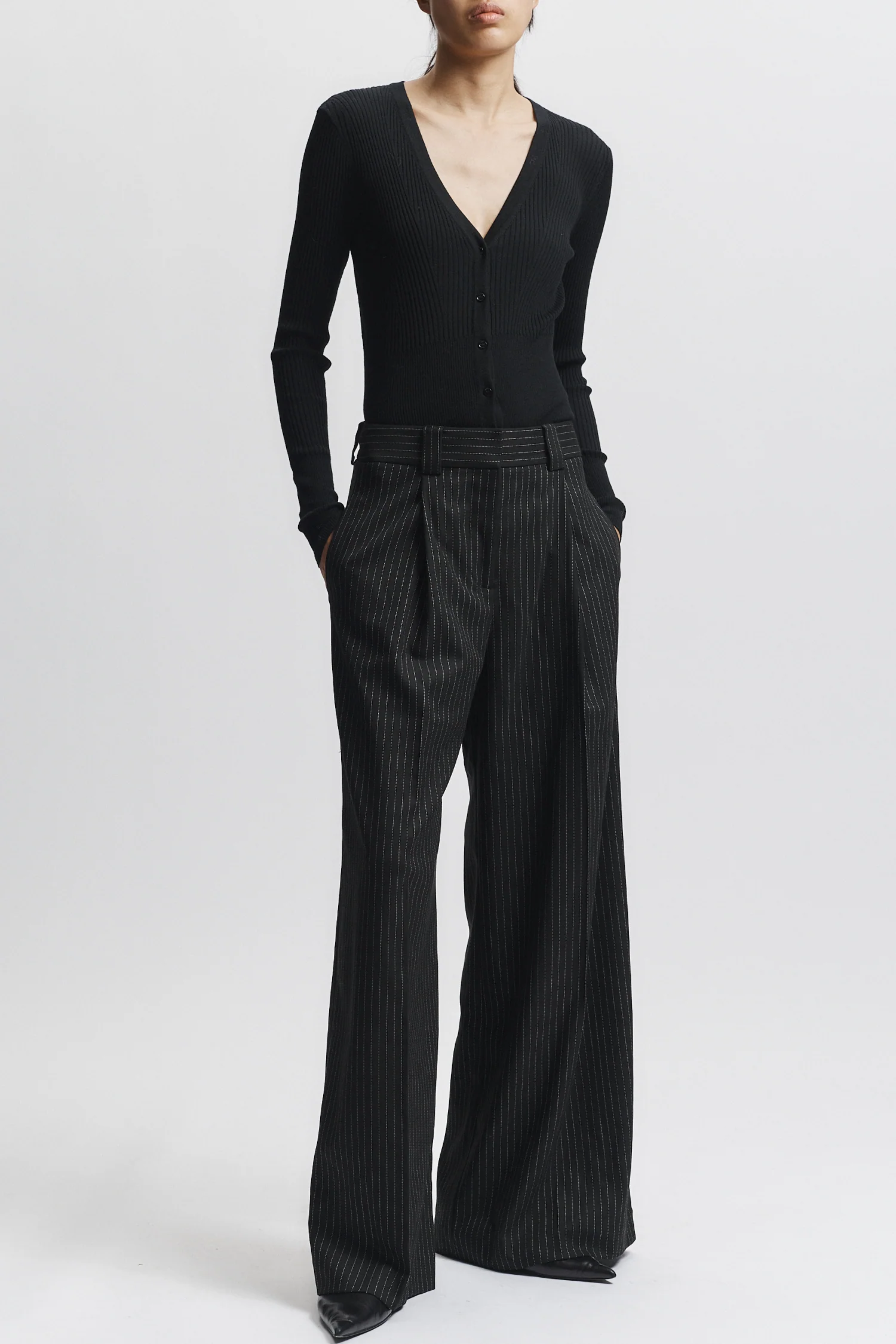 Tiffany Mid-Waisted Wideleg Trouser, Charcoal Pinstripe