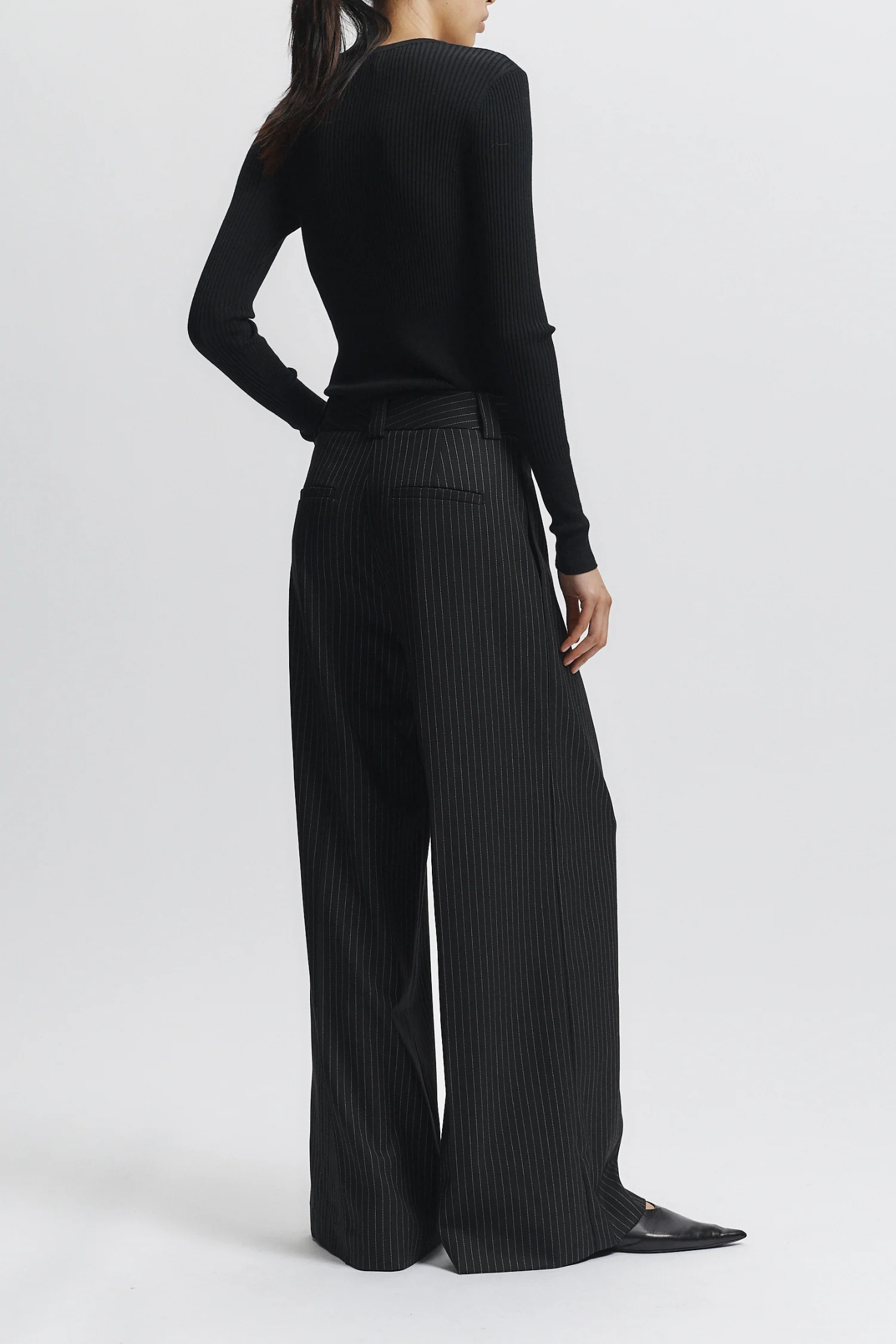 Tiffany Mid-Waisted Wideleg Trouser, Charcoal Pinstripe 3 Tiffany Mid-Waisted Wideleg Trouser, Charcoal Pinstripe