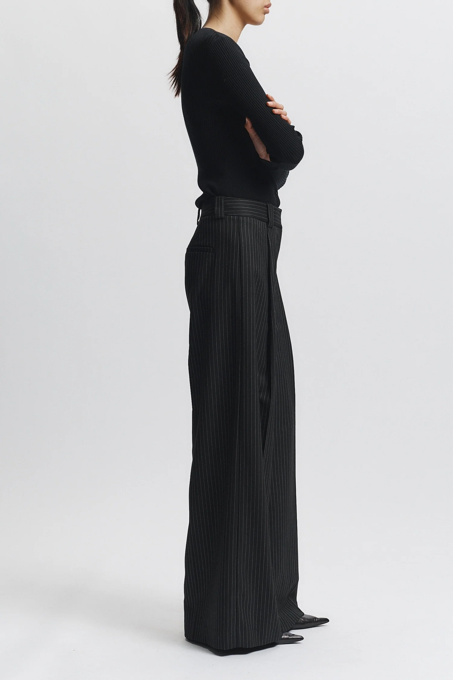 Tiffany Mid-Waisted Wideleg Trouser, Charcoal Pinstripe 4 Tiffany Mid-Waisted Wideleg Trouser, Charcoal Pinstripe