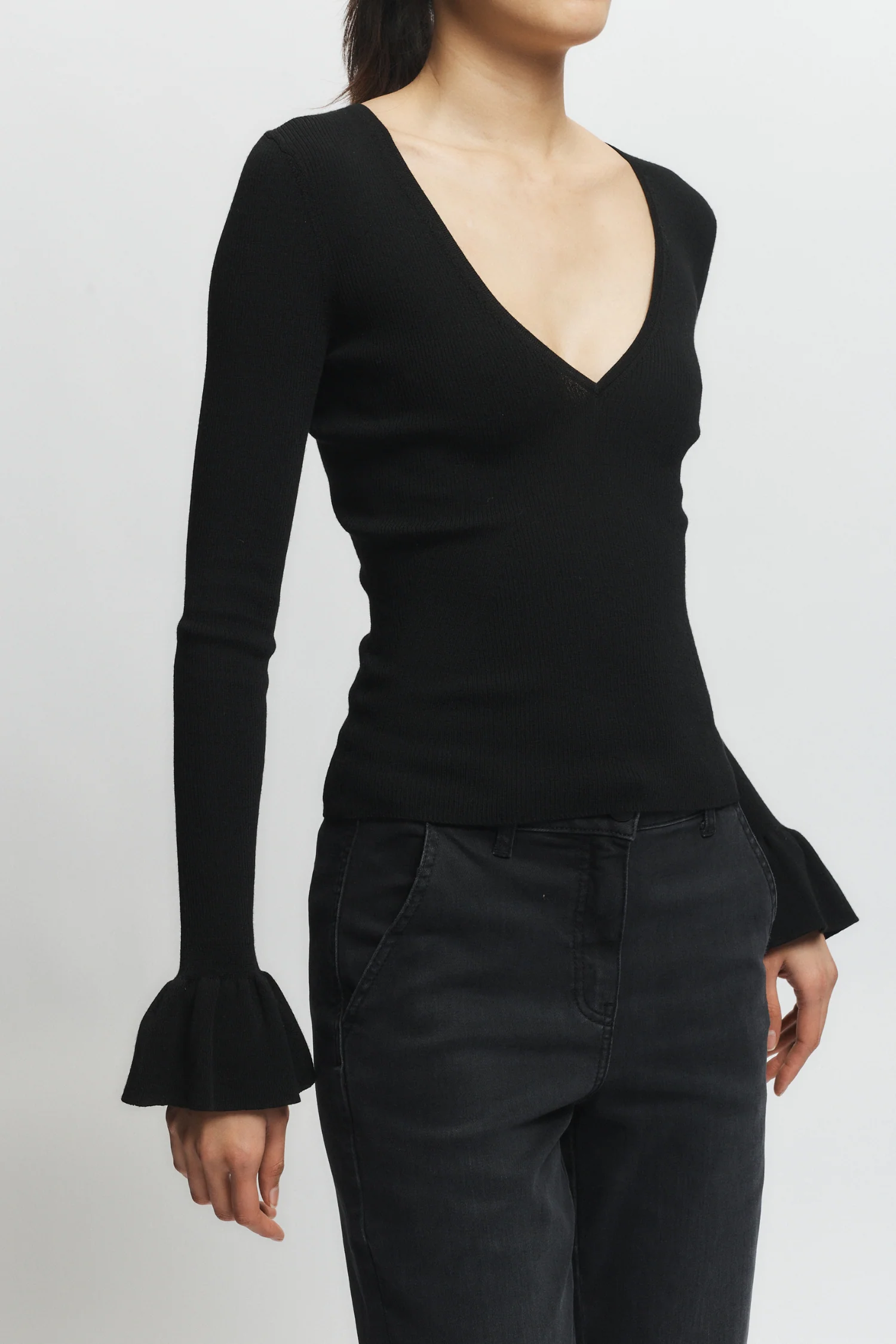 Watson Ruffle Knit Sweater, Black