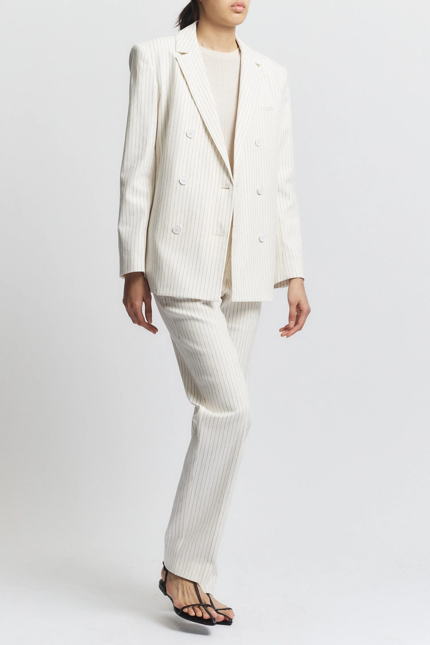 Shay Double Breasted Blazer, Ivory Pinstripe