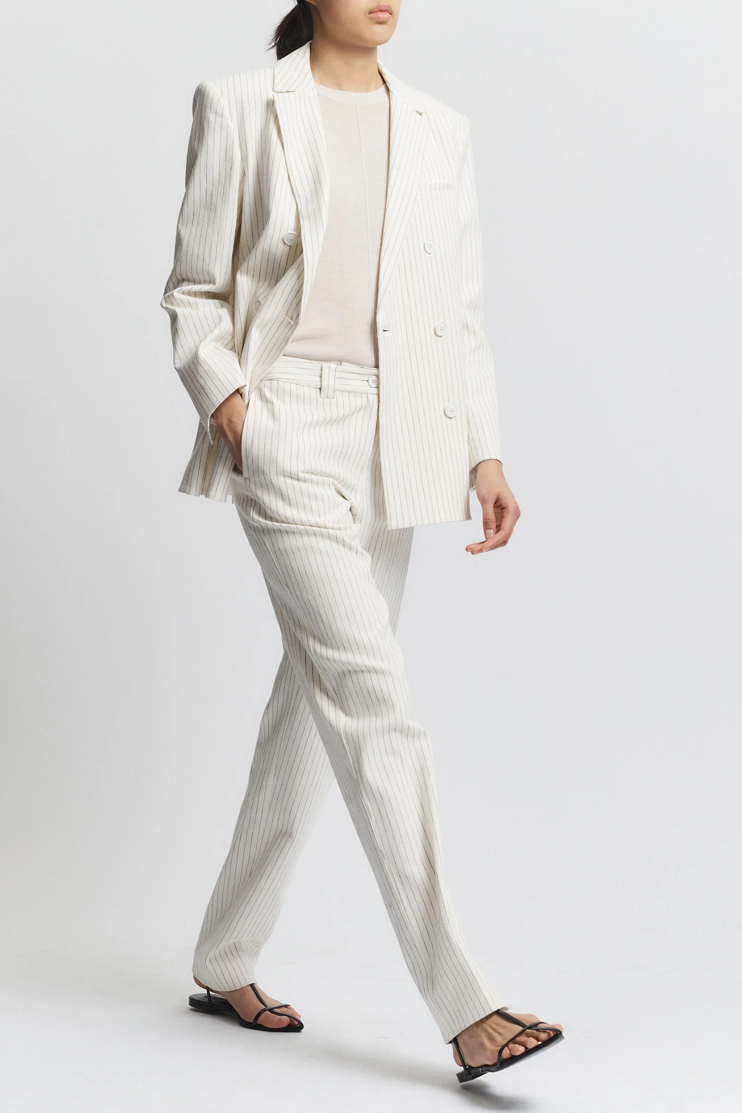 Shay Double Breasted Blazer, Ivory Pinstripe