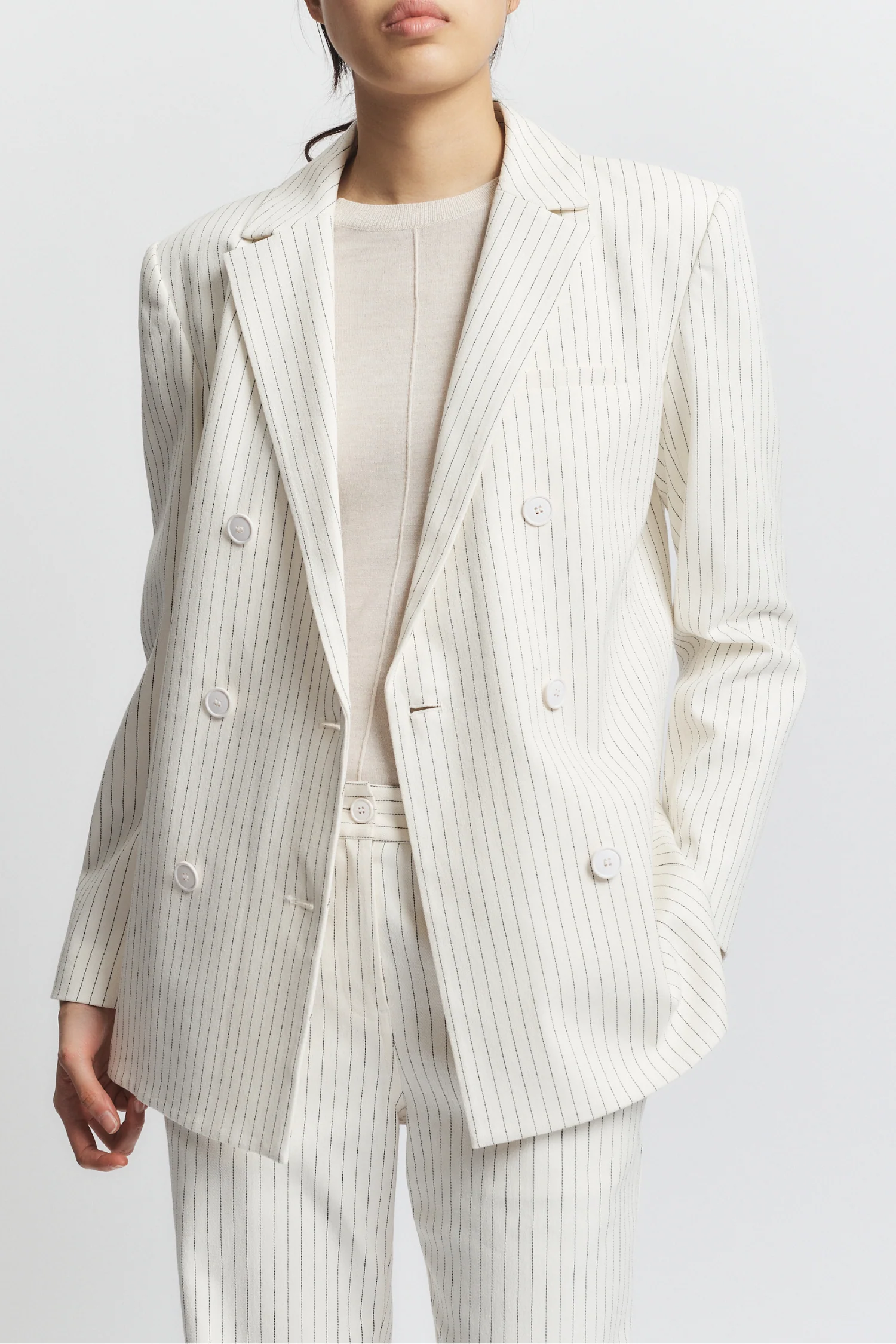 Shay Double Breasted Blazer, Ivory Pinstripe 3 Shay Double Breasted Blazer, Ivory Pinstripe