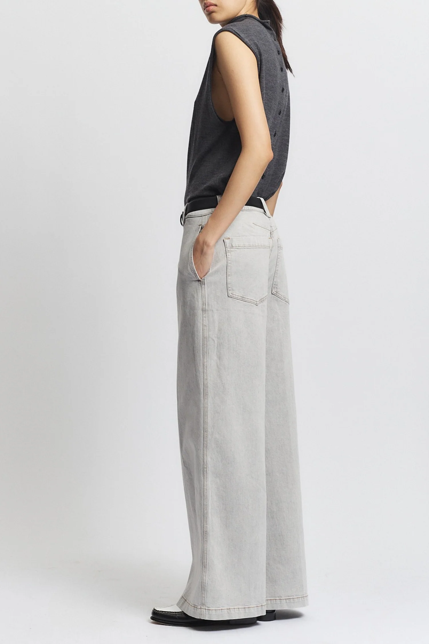 Amber Wide-leg Denim Pant, Powder Grey