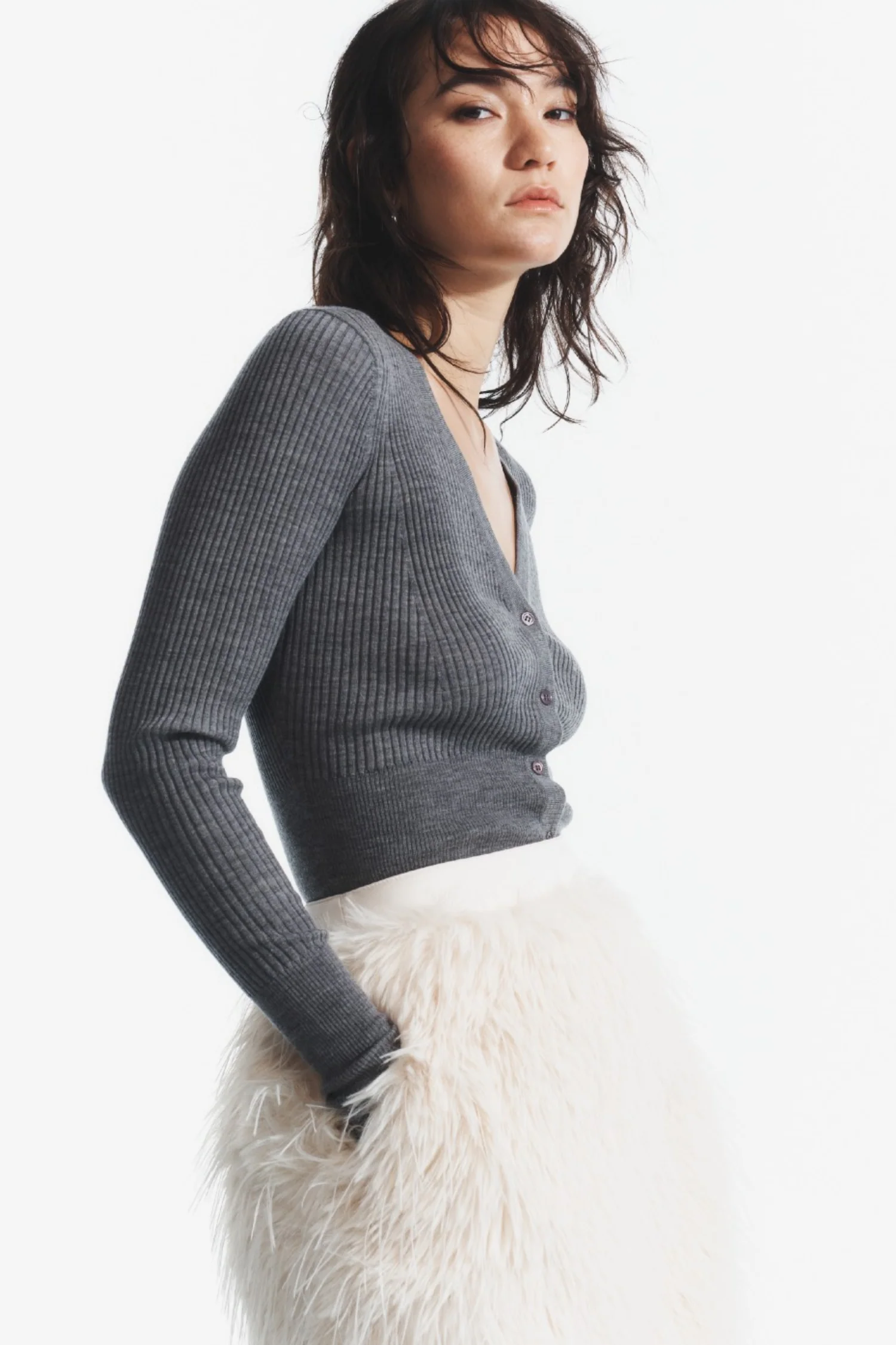 Braylon Rib Cardigan Sweater, Grey