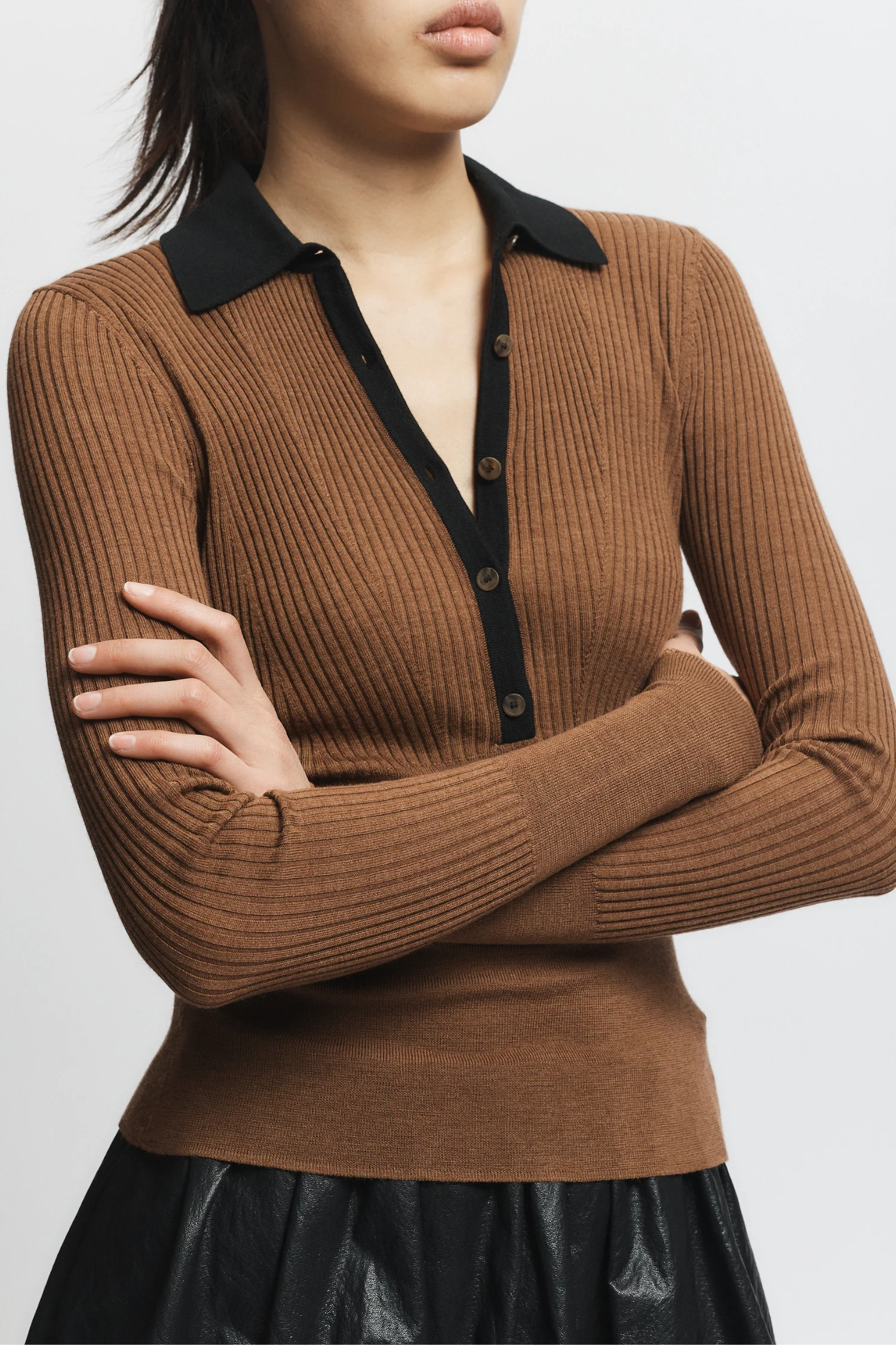 Cillian Rib Polo Sweater, Black/Brown 3 Cillian Rib Polo Sweater, Black/Brown