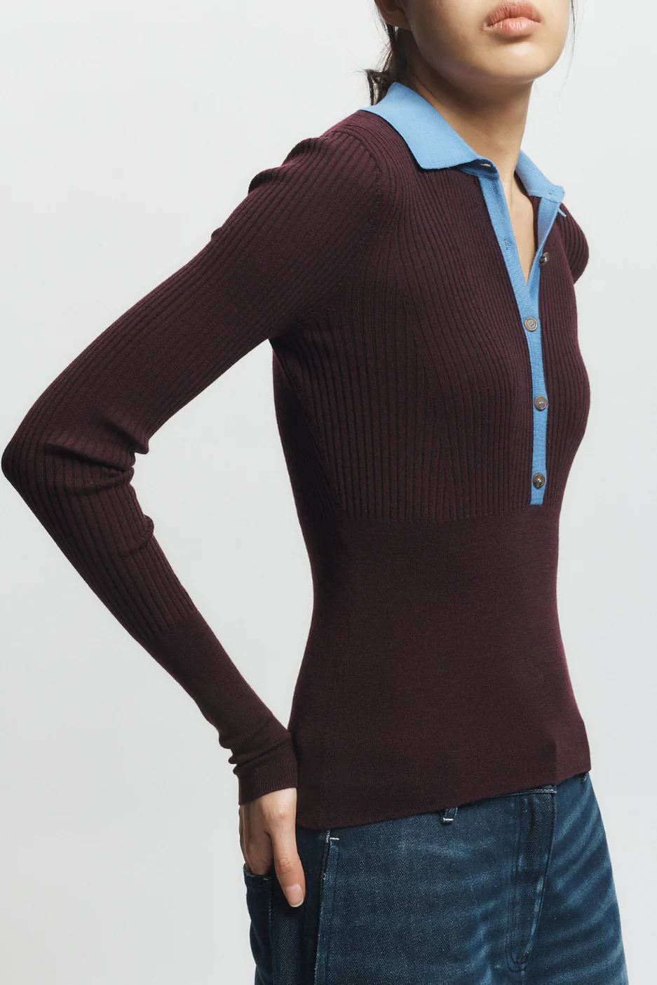 Cillian Rib Polo Sweater, Burgundy/Wedgewood 4 Cillian Rib Polo Sweater, Burgundy/Wedgewood