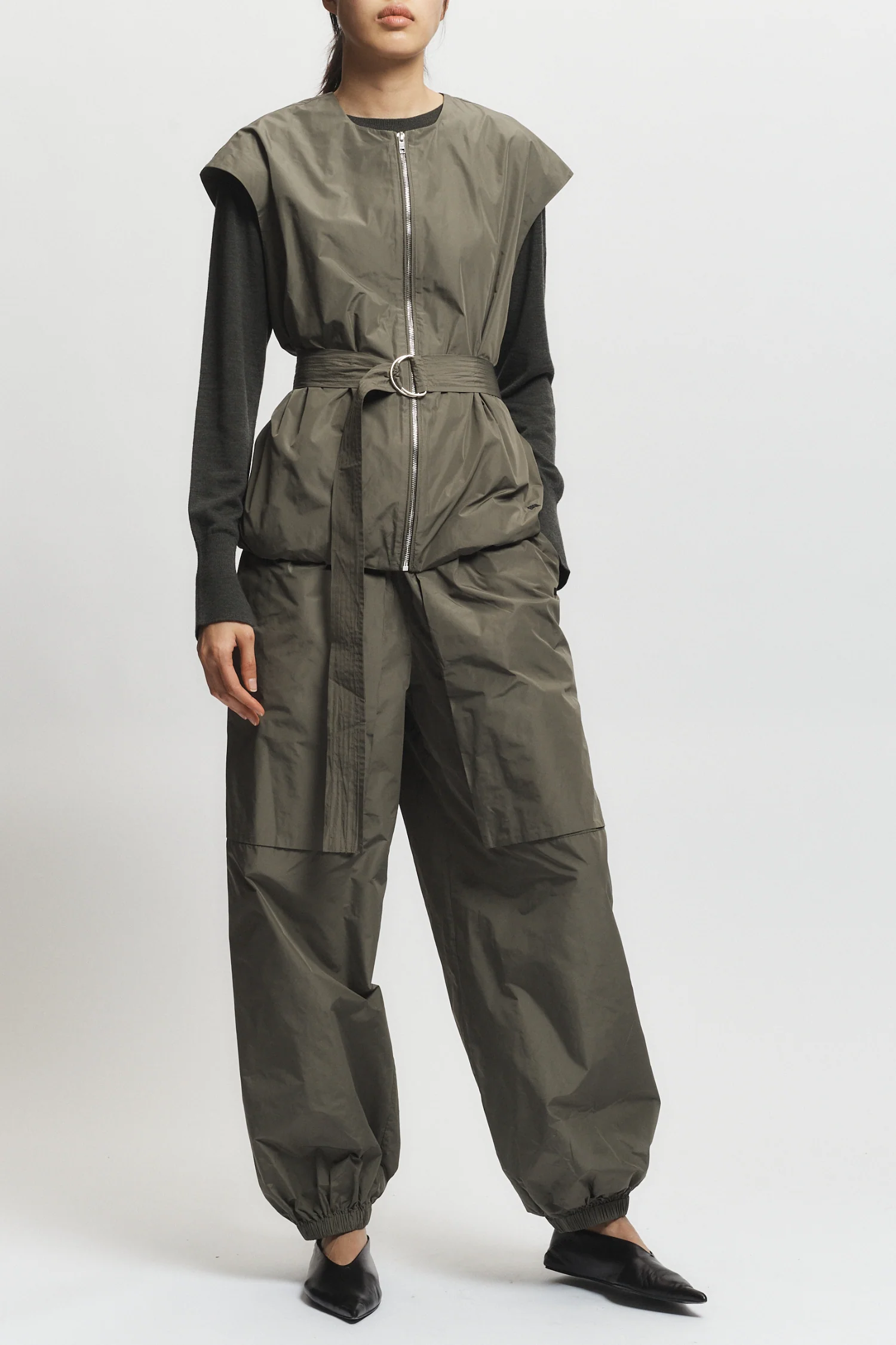 Clyde Oversized Taffeta Pant, Dusty Olive 3 Clyde Oversized Taffeta Pant, Dusty Olive
